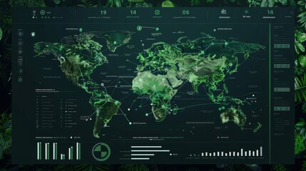 Detailed futuristic global network map on a digital interface with green overlays and data statistics.