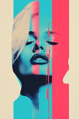 Generative AI, Poster with fashion woman face in risograph and glitch style, vivid colors	
