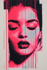 Generative AI, Poster with fashion woman face in risograph and glitch style, vivid colors	
