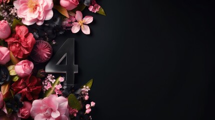 number 4 and flowers on a black background. birthday invitation card. spring and holiday.