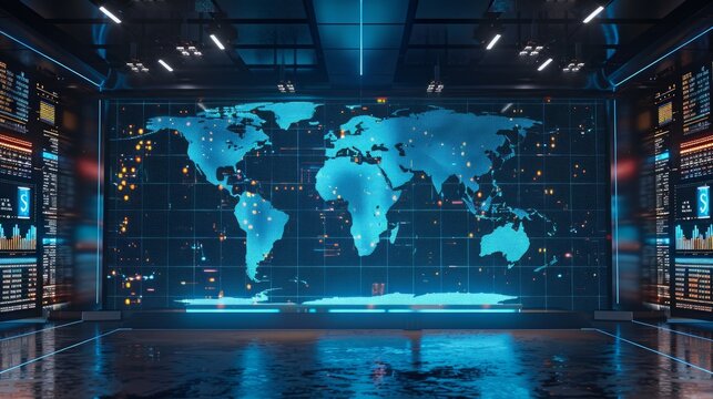 High-tech control room with glowing world map screens, data analytics display and futuristic interface. - Powered by Adobe