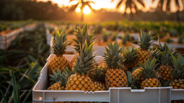 Crates of ripe pineapples bask in the golden glow of a tropical sunset amidst palm trees.