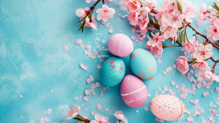 Fototapeta na wymiar This image captures Easter with pastel-colored eggs and cherry blossoms, portraying a sense of renewal and life in spring