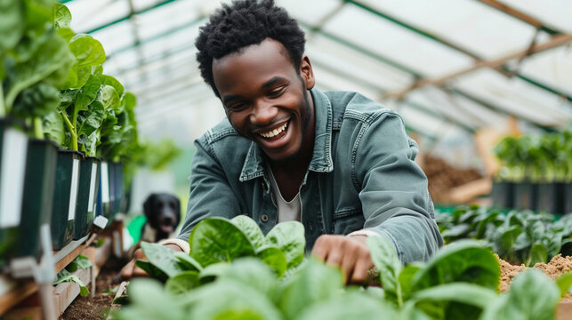 Young man picking organic spinach in a greenhouse 