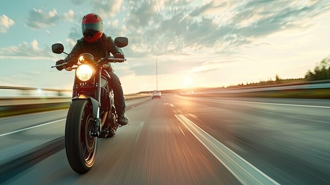 a motorcyclist speeding on a highway, leaning into a sharp corner with sporty precision, in a realistic photograph. © lililia