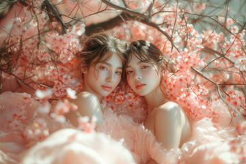 Attractive beauty couple woman in dress posing in blooming sakura park. Close up portrait of young girlfriends with pink cherry flowers