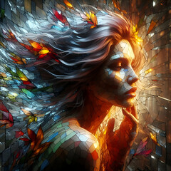 woman' portrait from broken stained glasses