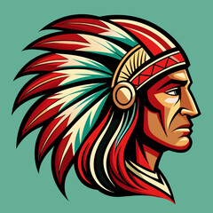 A colorful vector illustration of a native american  head adorned with feather