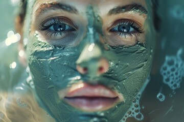 Close-up view of a woman's face partially covered with a textured green clay mask, conveying a serene spa experience and skincare routine