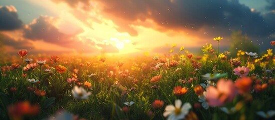 Vibrant field of blooming flowers under the radiant sun in a picturesque landscape