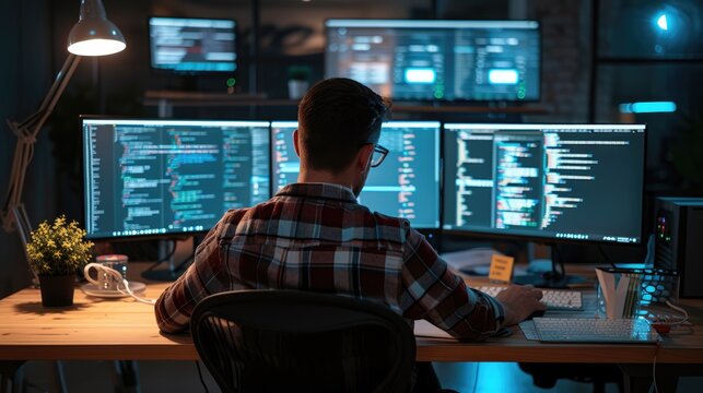 A software developer works on code late into the night, illuminated by the glow of multiple computer screens in a modern office. AIG41