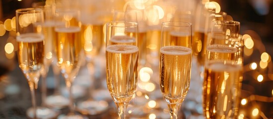 Fototapeta na wymiar Elegant champagne flutes filled with sparkling champagne on a festive celebration table