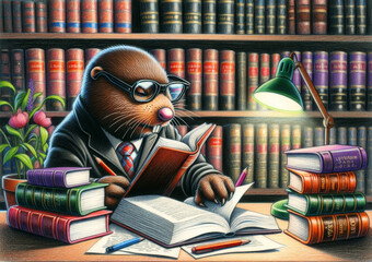 Studious Mole Wearing Glasses Reading Law Books - obrazy, fototapety, plakaty