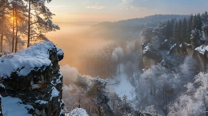 A captivating landscape vista captured at dawn, featuring a cold winter landscape stretching out from the sandstone - obrazy, fototapety, plakaty