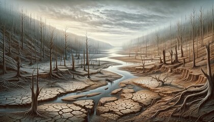 Barren Landscape with Dead Trees and Cracked Earth