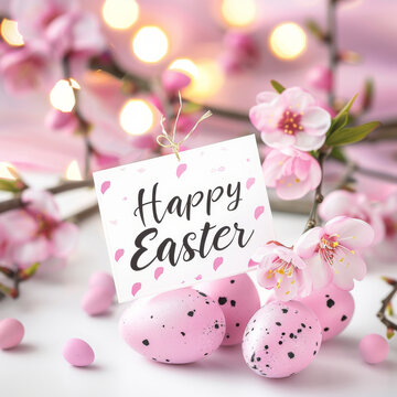 Elegant Easter composition with card, eggs, and spring blossoms against light background