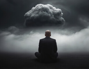 A cloud of problems looms over your head. A man in a suit sits with his back turned. Mental health topic