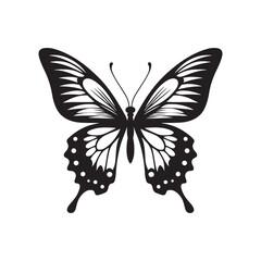 Fluttering Elegance: Vector Butterfly Silhouette - Embodying the Grace and Beauty of Nature's Delicate Winged Creatures. Minimalist black butterfly illustration.