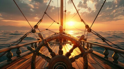 the ship's wheel of a pirate sailing vessel, gazing upon the expansive deck and vast open sea under the warm glow of a sunny day.