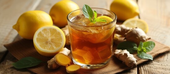 Refreshing glass of iced tea with zesty lemon and fresh mint leaves on a rustic wooden table