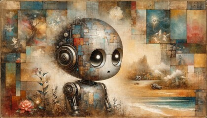 A cute detailed robot in a melancholic scene depicted in mixed media style