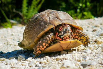 Closeup of a three-toed box turtle in Arkansas, USA.
