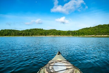 Front of a kayak on Lake Norfork, Arkansas, USA.