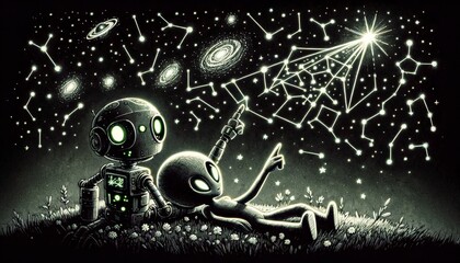 Robot and Alien Stargazing on Grassy Hill