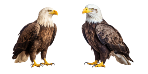 Collection set of two Bald Eagles isolated on transparent a white background