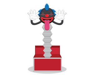 vector design of a clown with two arms coming out of a red box with a round head while making an expression sticking out his tongue as a startling effect