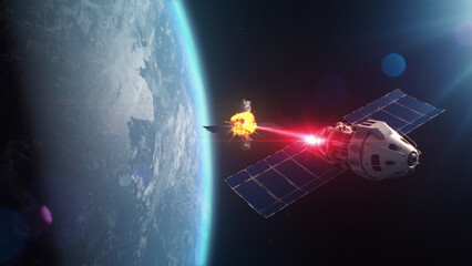 3D VFX rendering of satellite attacking another satellite with laser weapon in space on Earth planet orbit. Escalation of political conflict and arms race in cosmos. Nuclear war and armed aggression. - obrazy, fototapety, plakaty