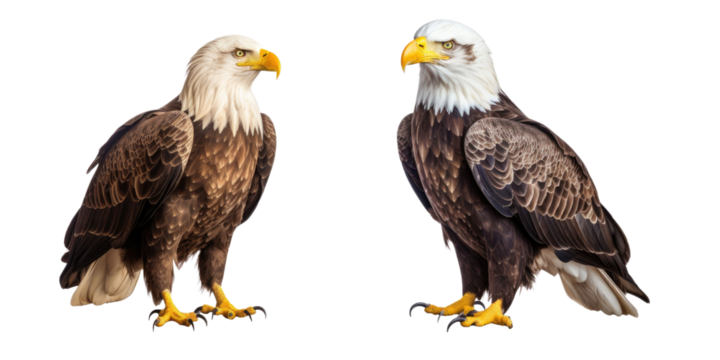 Collection set of two Bald Eagles isolated on transparent a white background