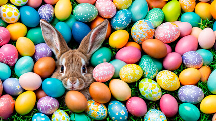 Fototapeta na wymiar A cute fluffy easter rabbit with an easter eggs. AI Generated.