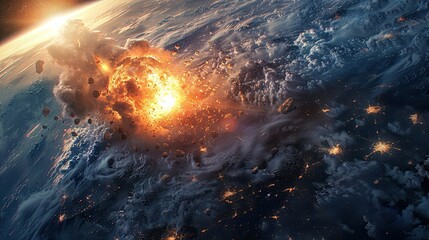 Recreation of a meteorite in flames, entering the atmosphere of planet Earth. - obrazy, fototapety, plakaty