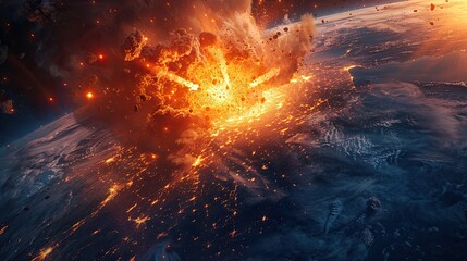 Fototapeta na wymiar Recreation of a meteorite in flames, entering the atmosphere of planet Earth.