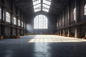 Large empty warehouse with numerous windows