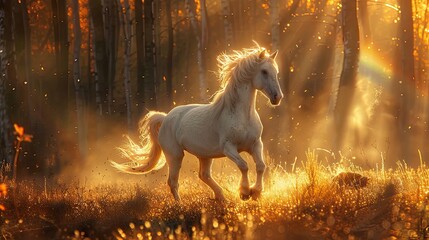 Beautiful white horse running on a dreamy forest at sunset.
