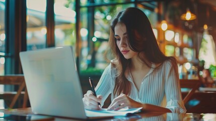 Freelance Young Woman Working on Laptop in Coffee Shop. Businesswoman or College Student Connecting Internet, Working Online from Coffee Shop, Remote Work, Telecommuting, Freelance Lifestyle. AI