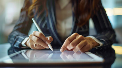 Entrepreneur Designer Creating Designs Using a Digital Tablet.Businesswoman Signing Electronic Documents on Digital Tablet in the Office,Electronic Signature,Woman Working and Browsing the Internet.AI