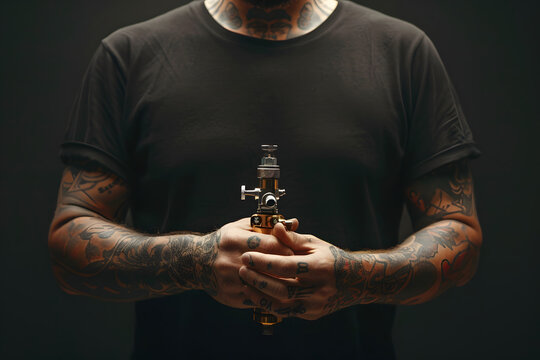 tattoo artist holding a tattoo machine, isolated on a creative black background, symbolizing artistry and self-expression