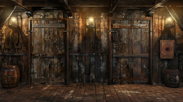 Wild West Saloon Stage: Old West with this rustic stage, featuring swinging doors, weathered wood paneling, and flickering oil lamps, evoking the ambiance of a frontier saloon straight out of a cowboy