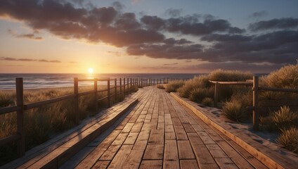 Fototapeta na wymiar Path of neat wooden planks leading to the ocean beach at sunset
