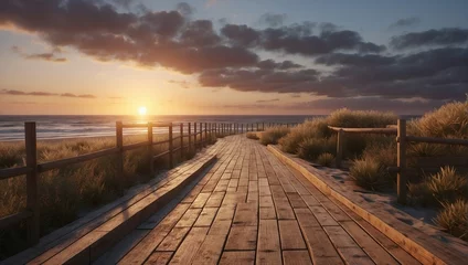 Papier Peint photo Descente vers la plage Path of neat wooden planks leading to the ocean beach at sunset