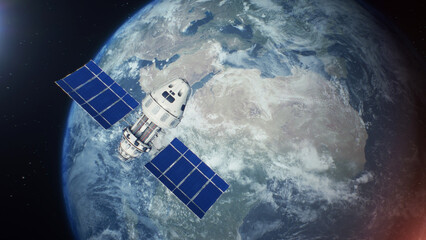 3D VFX rendering of the space-based satellite attacking object with laser weapon in outer space on Earth planet orbit. Escalation of political conflict in cosmos. Threat of nuclear aggression and war.