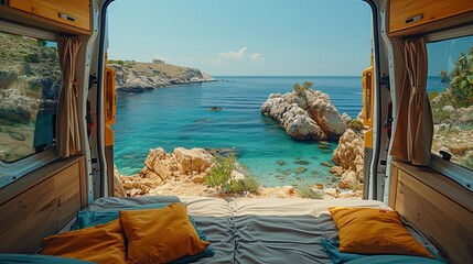 Interior view of a camper van, with the doors open, overlooking the Mediterranean coast.