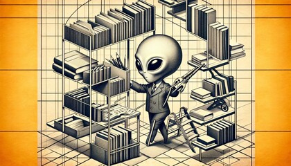 Alien organizing books on a library shelf