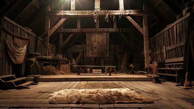 Viking Longhouse Stage: Norse mythology with this rustic stage, featuring wooden beams, fur pelts, and Viking artifacts, capturing the rugged beauty of a Viking longhouse