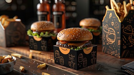 Delicious hamburger packaged in a cardboard case, menu concept, ready to go.