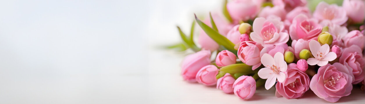 Bouquet of beautiful spring flowers top view. International Women Day. Flat lay. Background with copy space. Banner. Birthday, Wedding, Mother's Day, Valentine's day, Women's Day.