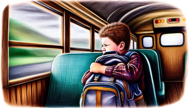 Child Clutching Backpack on School Bus